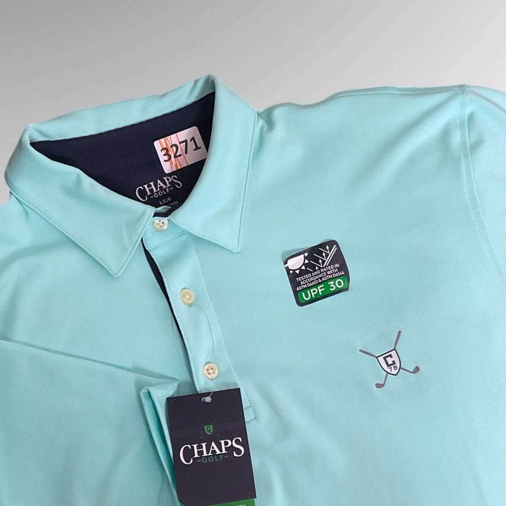 CHAPS Golf Polo Men's Size L Aruba Blue/Light Turquoise Shorts Sleeve Shirt UPF - Picture 2 of 14